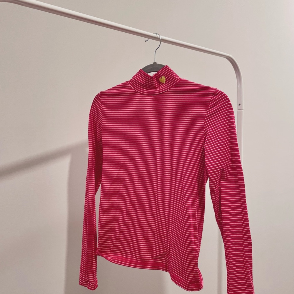 Red and White Striped Long Sleeve Turtleneck Top with Yellow Heart Detail